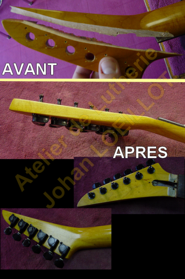 Réparation d'une tête cassée sur guitare Lag